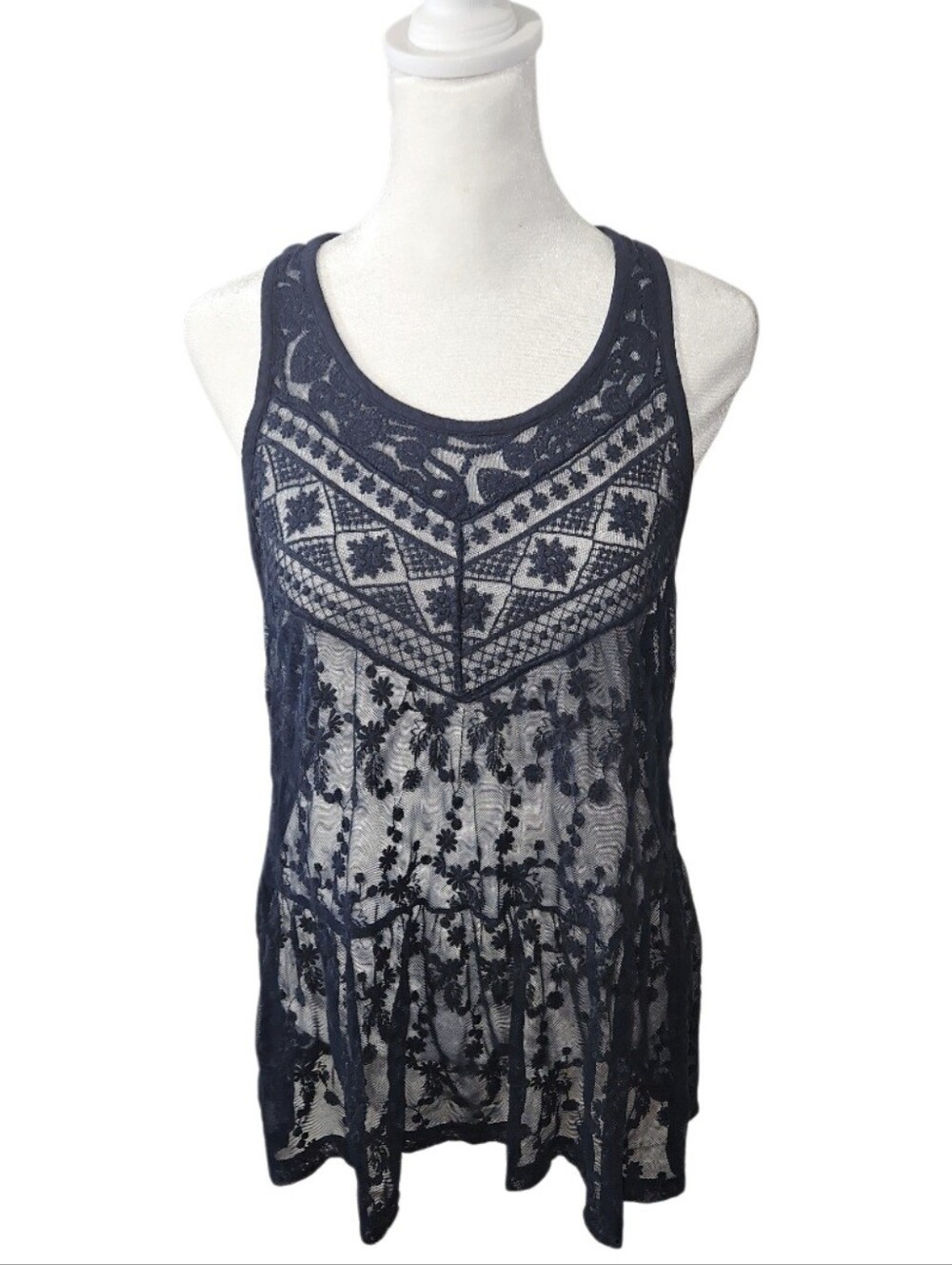 Express Floral Sheer Top Swim Cover-up Top Navy Blue Mesh Resort Beach Vacation